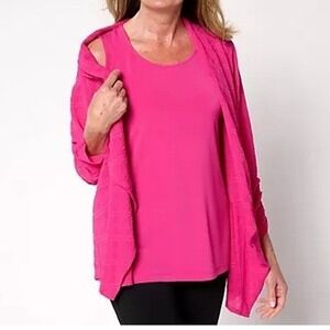 Susan Graver Women Petite Large Vivid Pink Textured Woven Cardigan Knit Tank Set